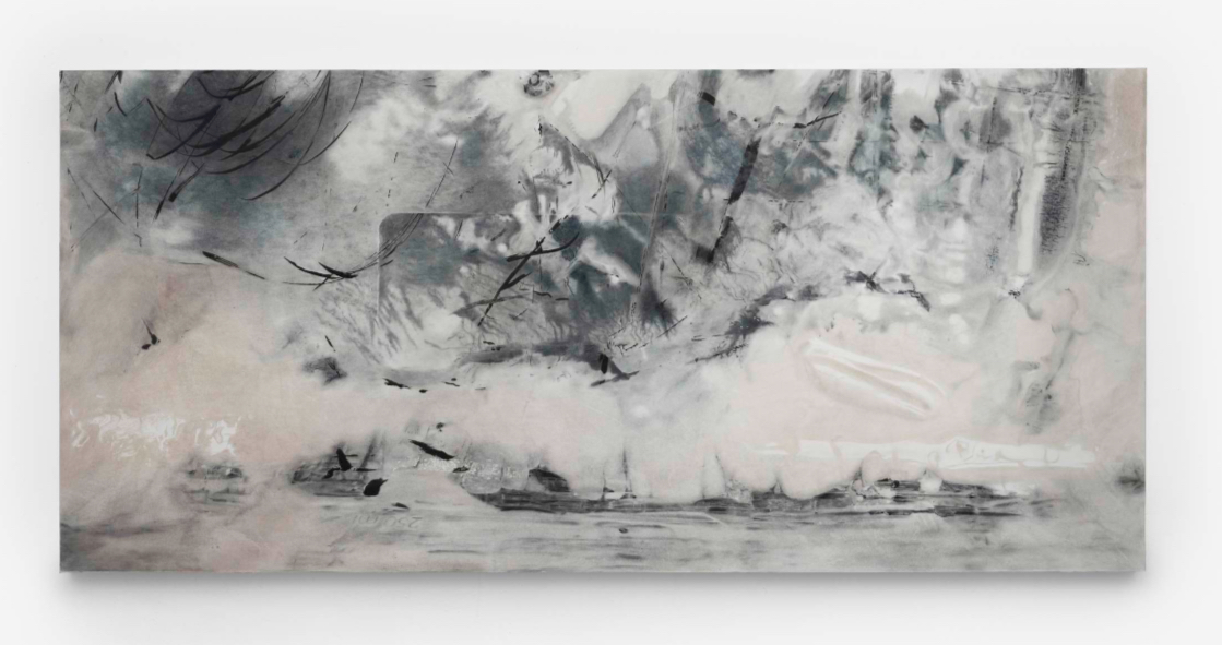 <i>Amour Isodynamique</i>, 2024. Pigment, 2024. Charcoal on paper laminated on wood panel, 34 5/8 x 74 3/4 x 2 in (88 x 190 x 5 cm)